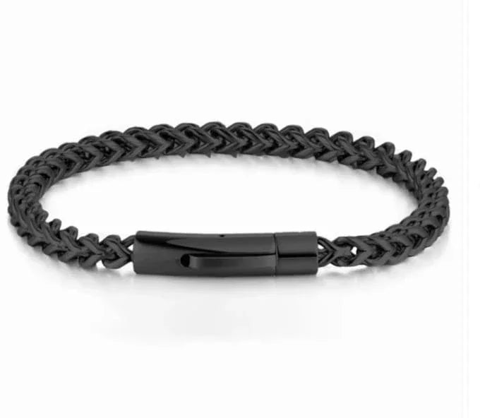 Black braided leather bracelet with sleek clasp, modern street style by Éclat